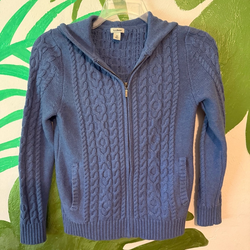 L.L. Bean Blue Cable-Knit Zip Hoodie Sweater